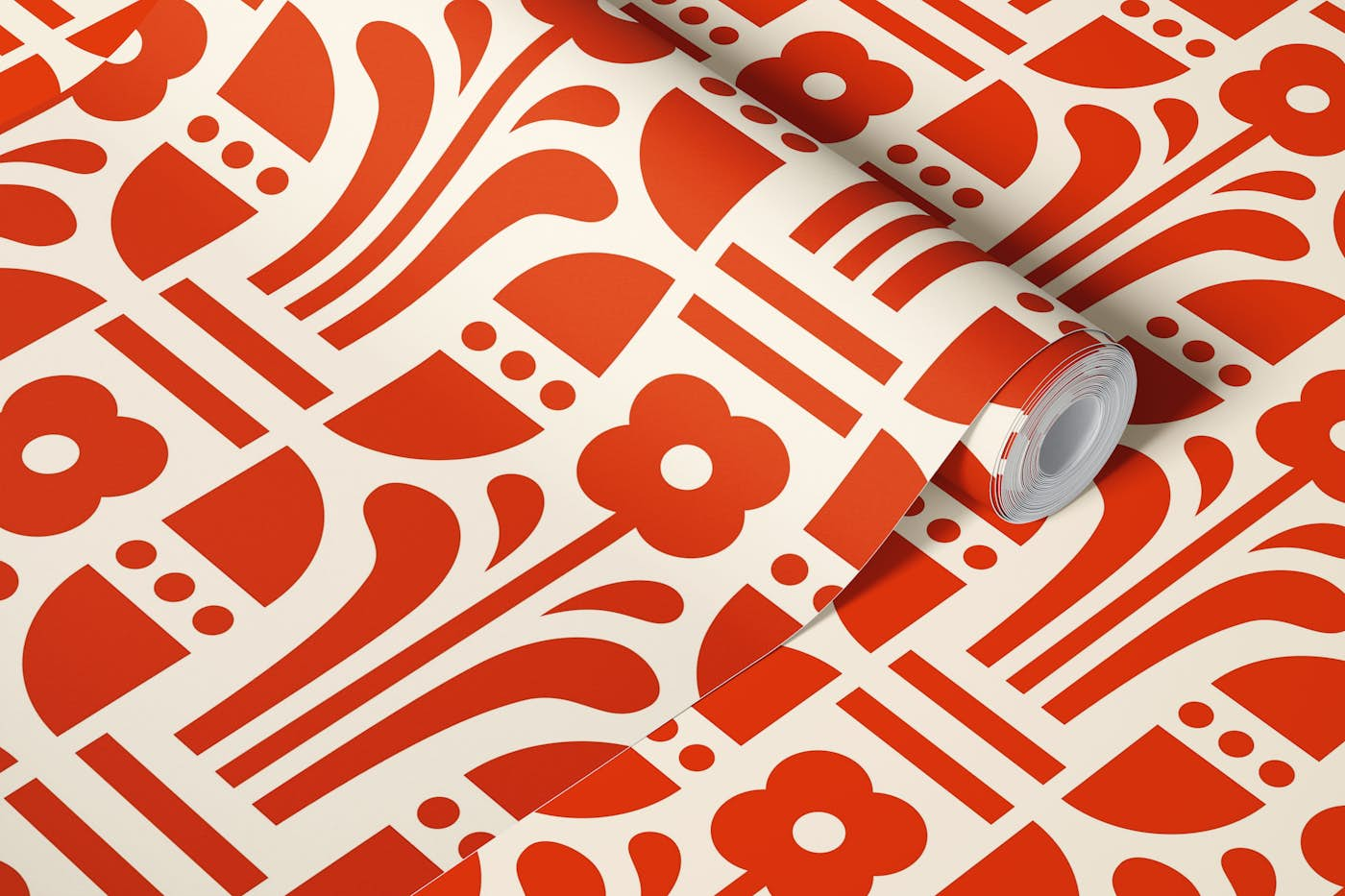 Geometric folk daisies, red / 3041 A wallpaper roll