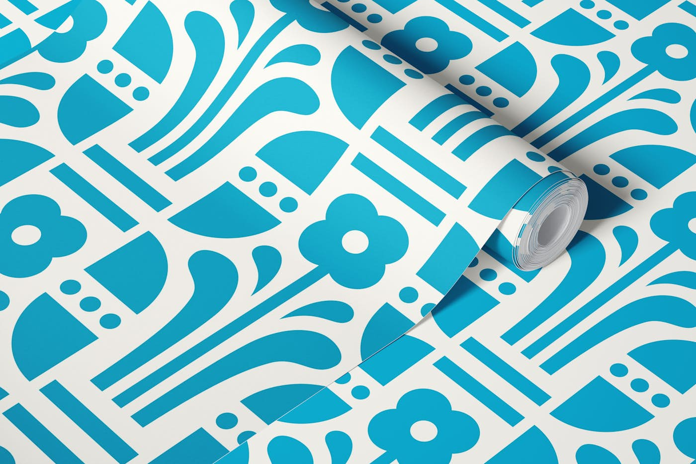 Geometric folk daisies, blue / 3041 B wallpaper roll