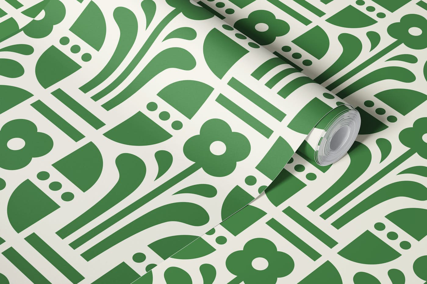 Geometric folk daisies, green / 3041 C wallpaper roll