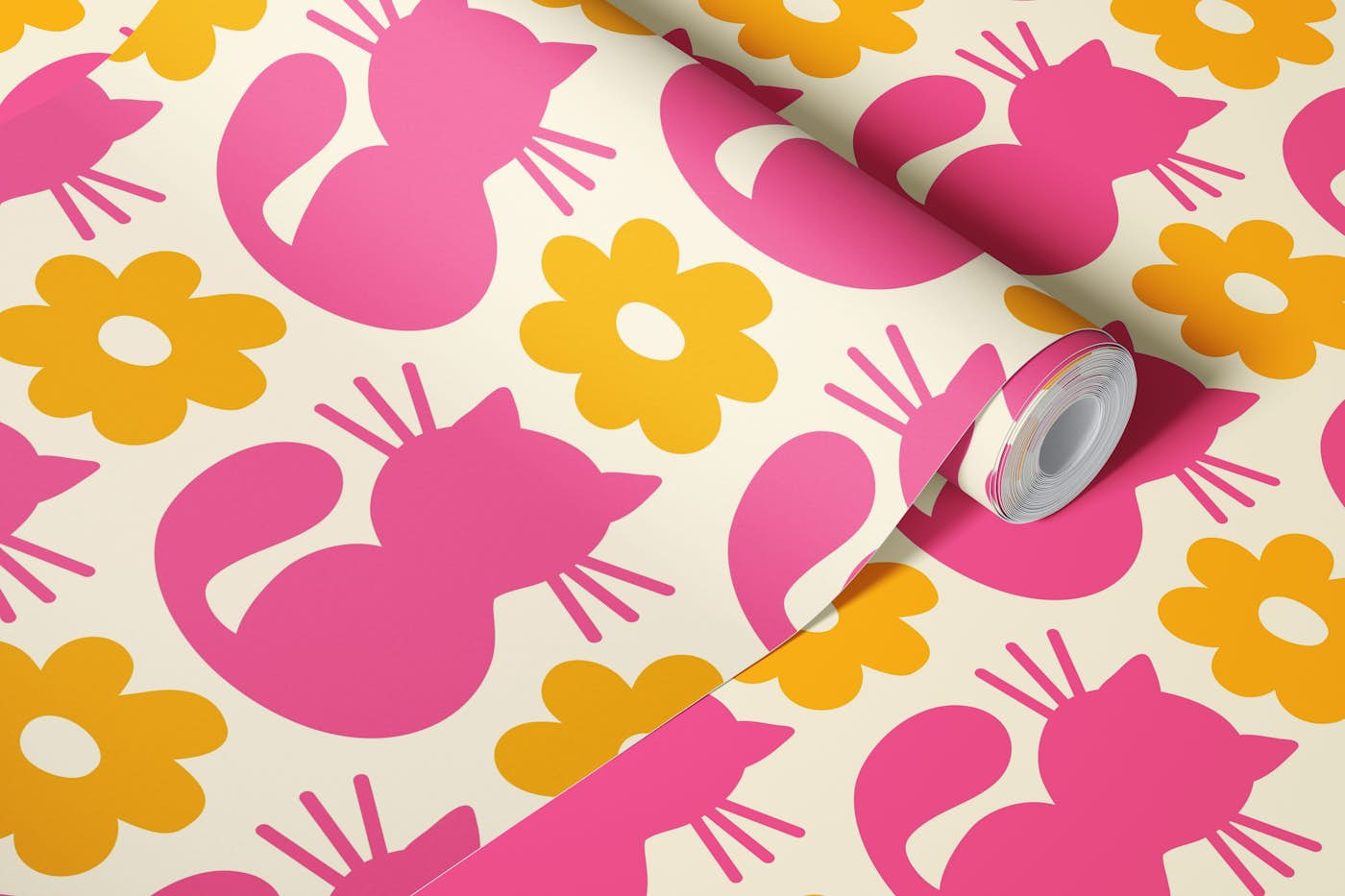 Retro cats, pink yellow / 3045 B wallpaper roll