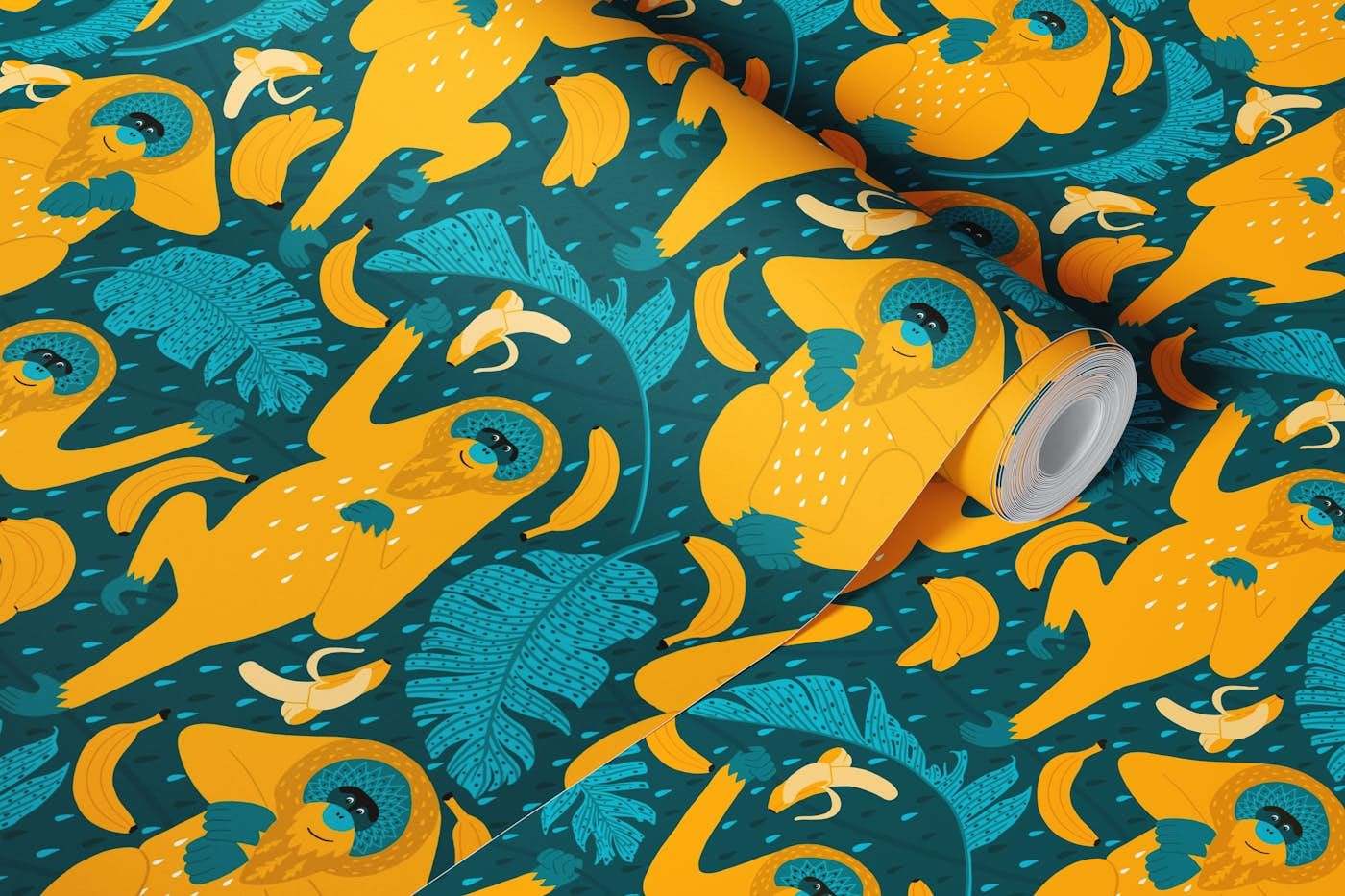 orangutan jungle folkart teal orange wallpaper roll