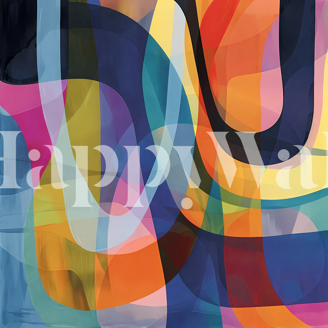 Abstract wall mural with colorful, overlapping shapes creating a modern geometric pattern