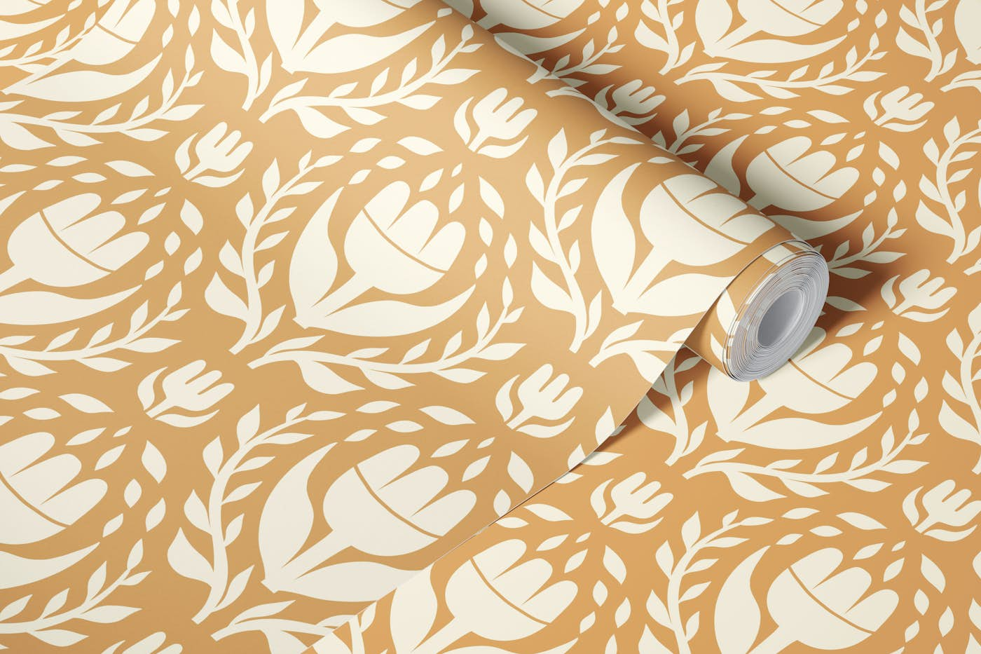 White bold floral on light brown background wallpaper roll