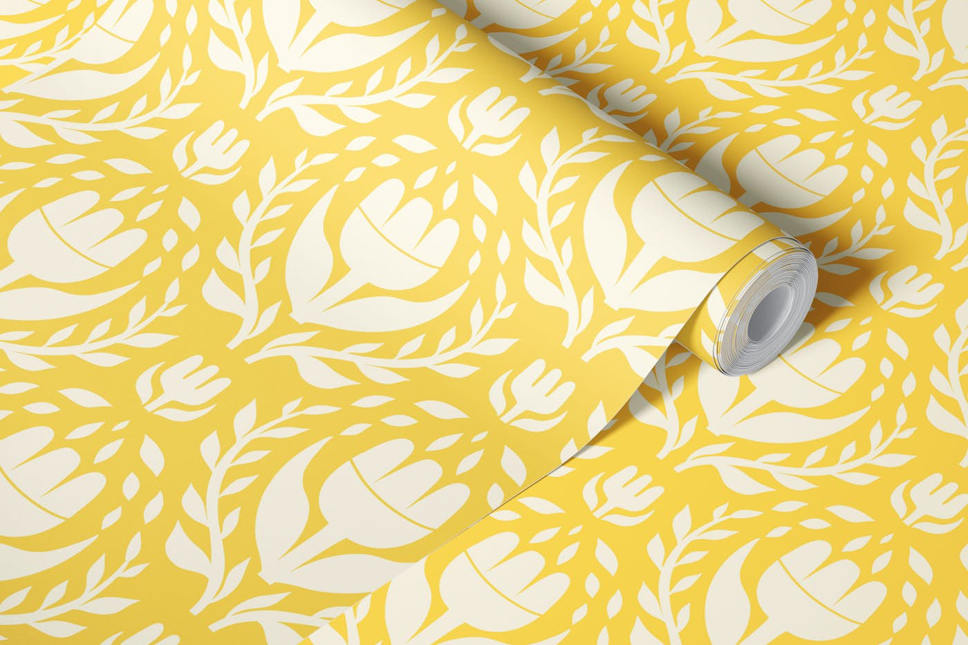 Bold white florals on a yellow background wallpaper roll