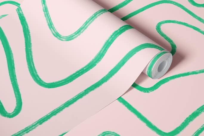 Abstract Modern Lines Pink and Green Drawnwallpaper roll