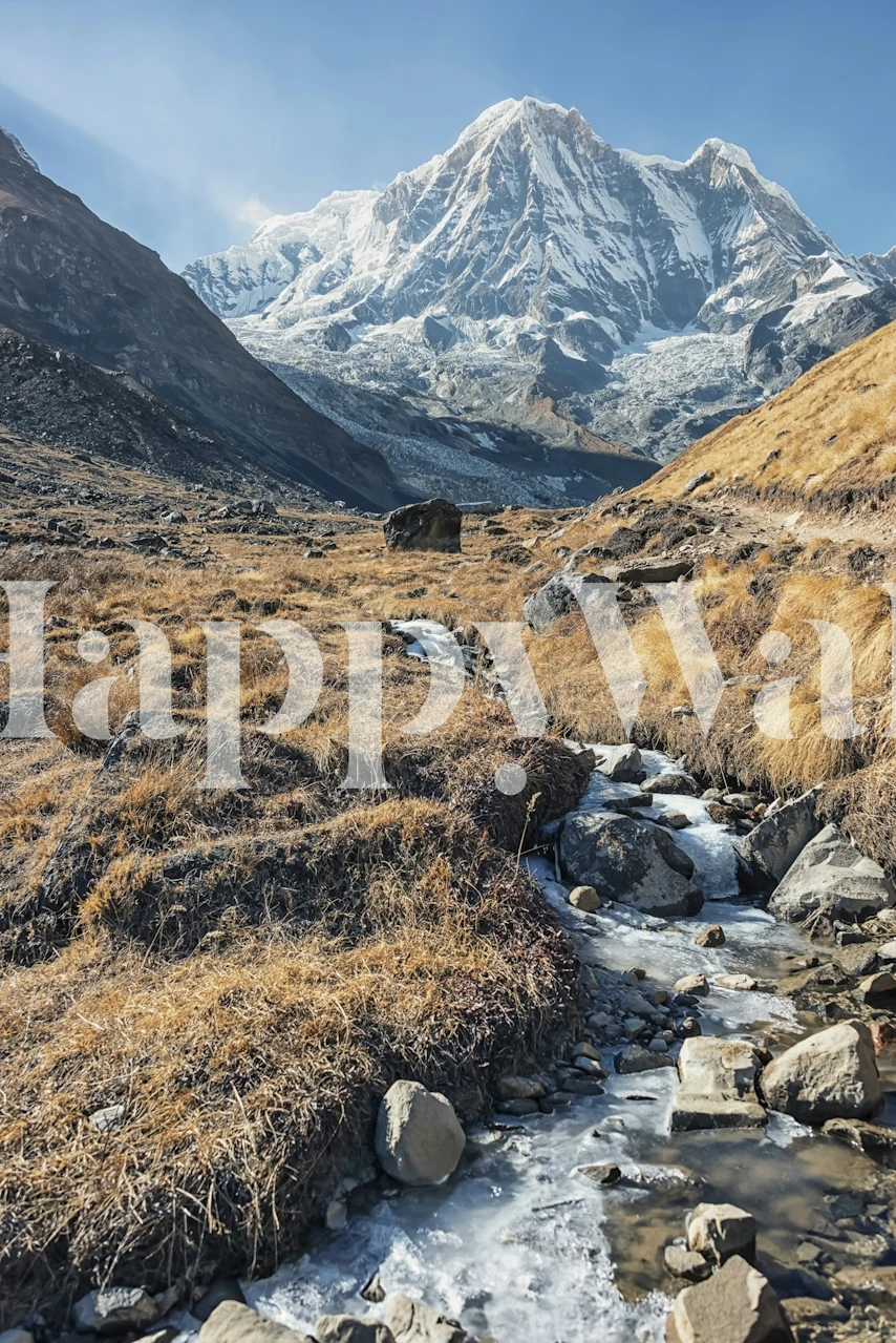Mountain landscape with snow-capped peaks and grassy terrain wallpaper