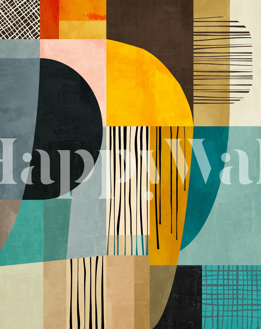 Geometric shapes in vibrant colors like teal, orange, and black on wallpaper