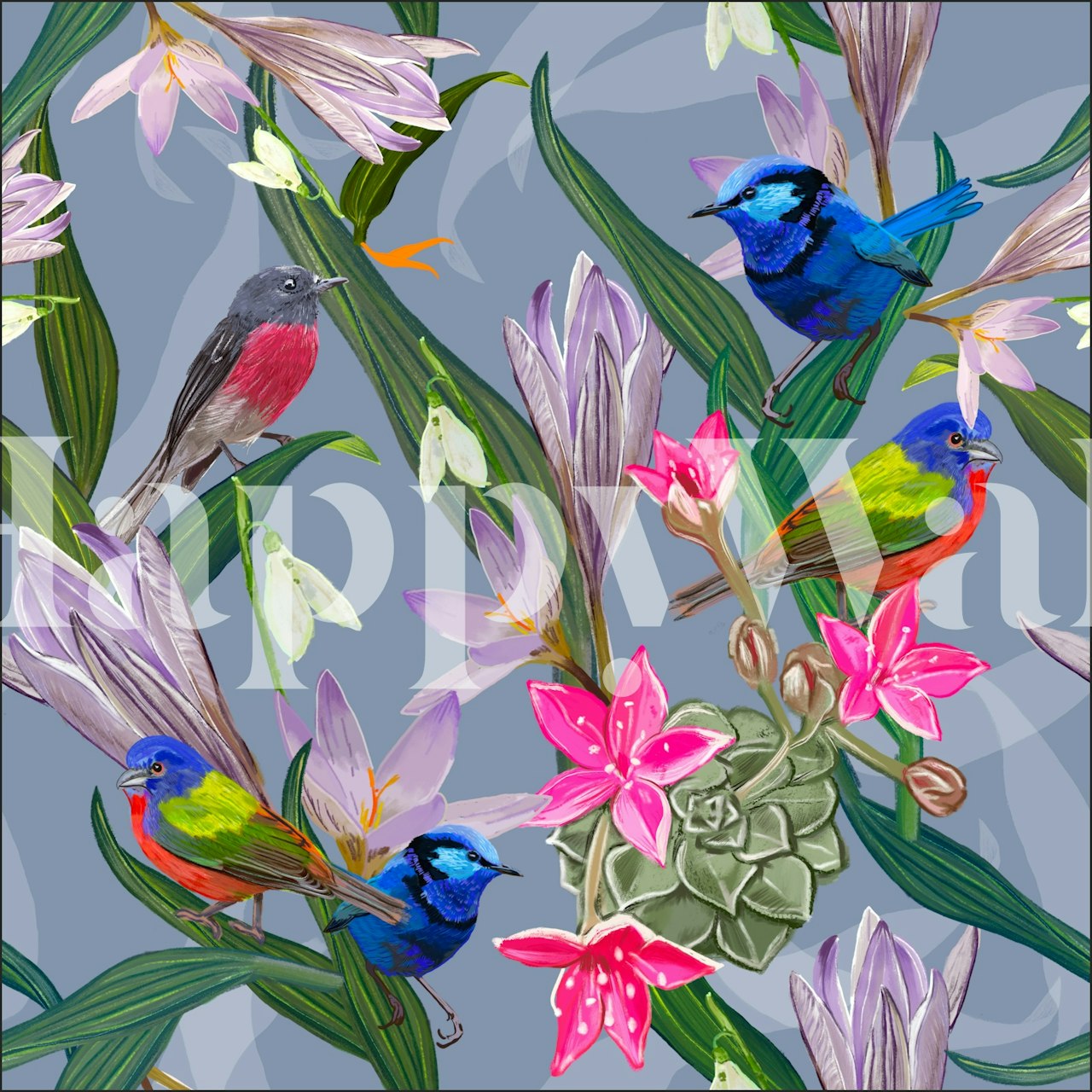 Colorful birds among flowers and leaves wallpaper