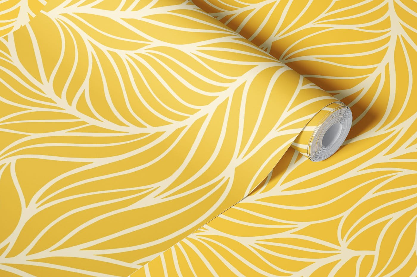 Minimalist flowing leaves sunny yellow wallpaper roll