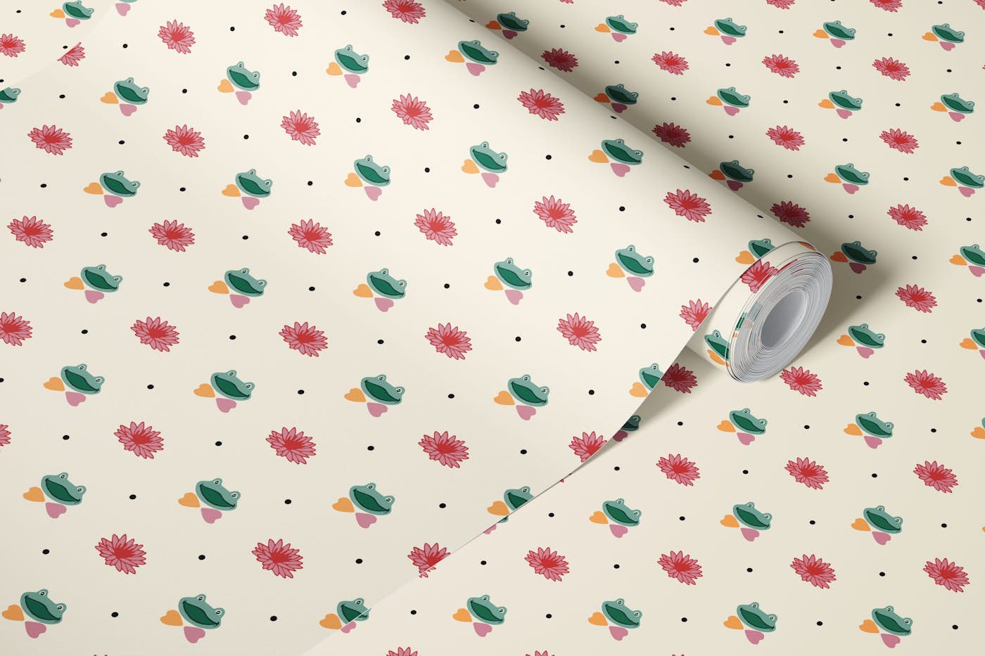 Frog and lily beige wallpaper roll