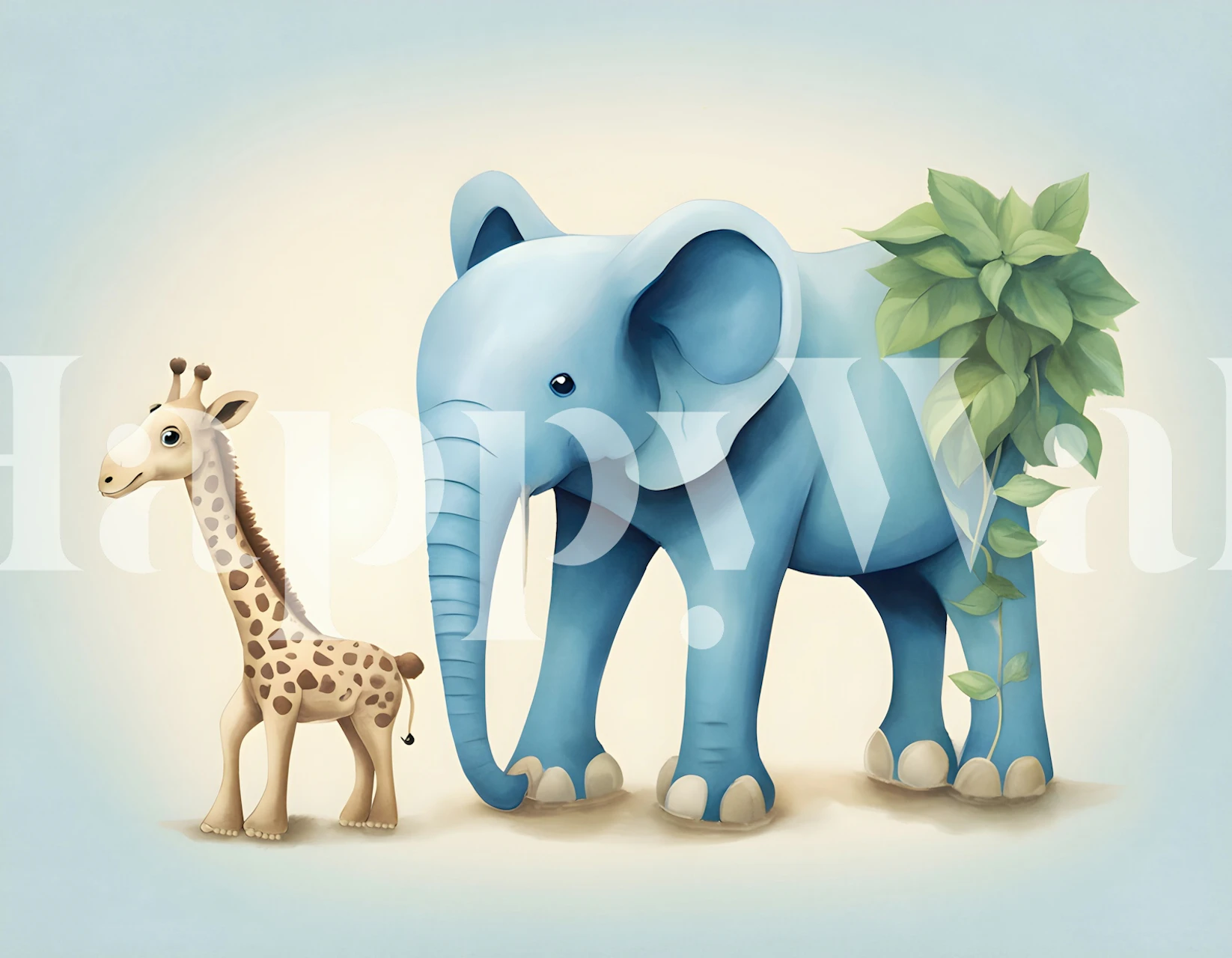 Giraffe and elephant duo in soft colors, cartoonish style wallpaper