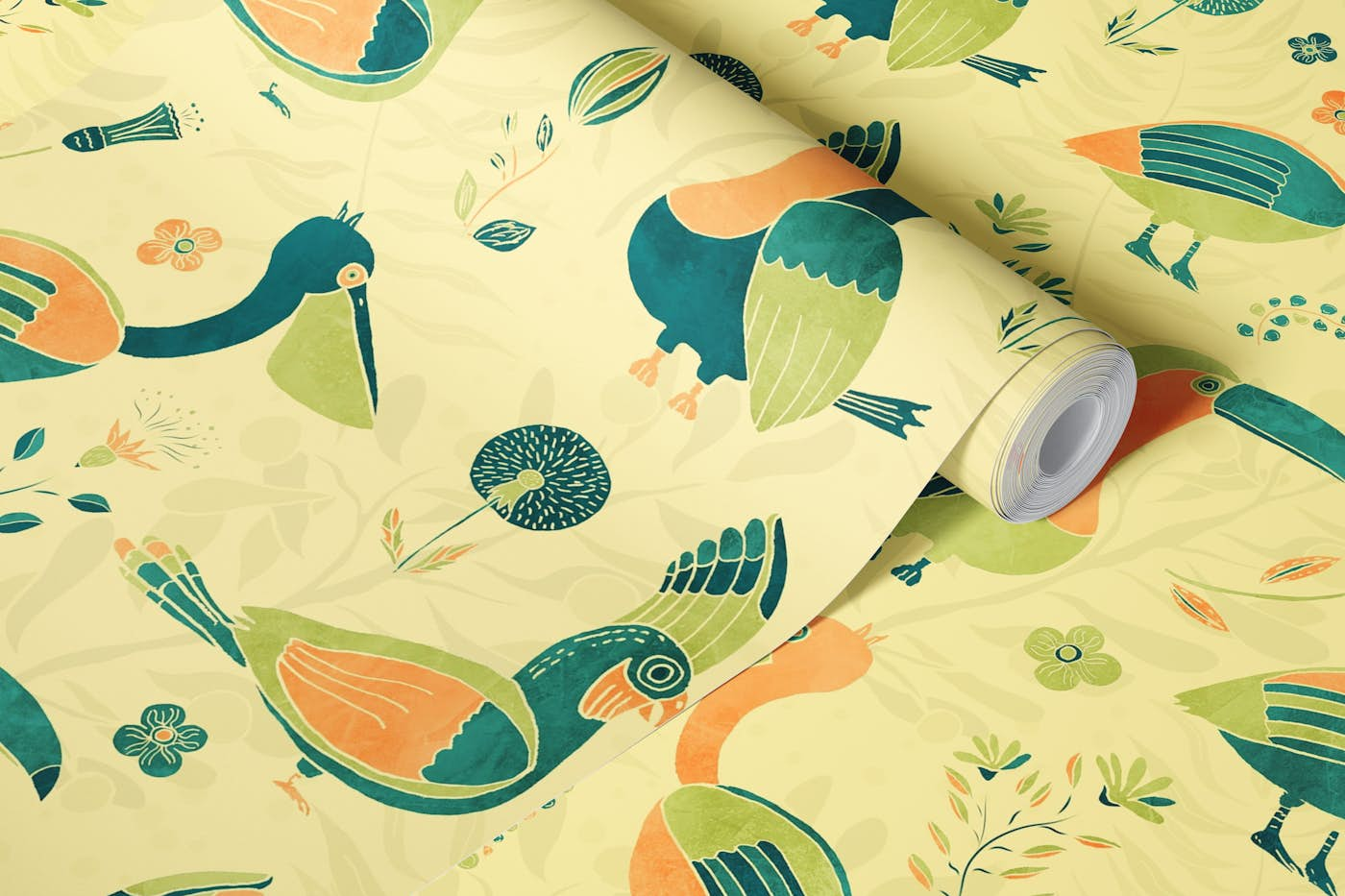 Tropical Birds Green orange wallpaper roll