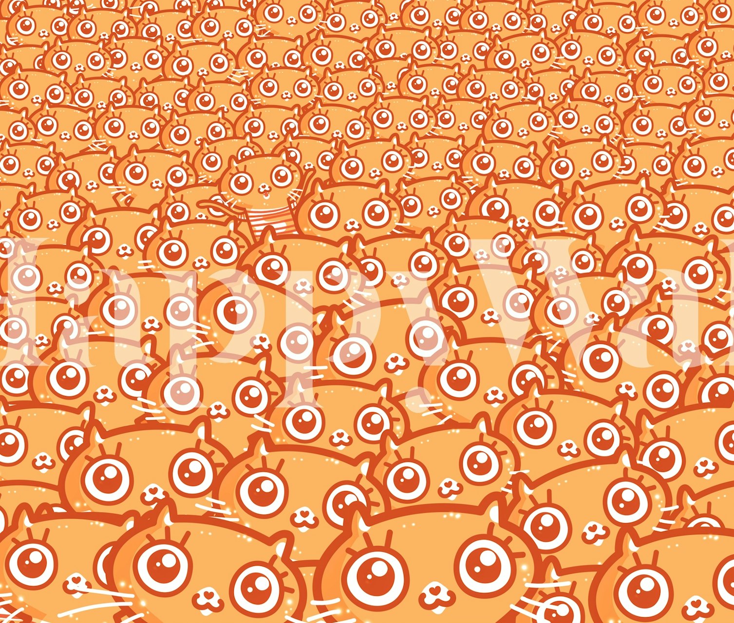 Orange wallpaper featuring numerous cute cat illustrations in varying sizes and expressions