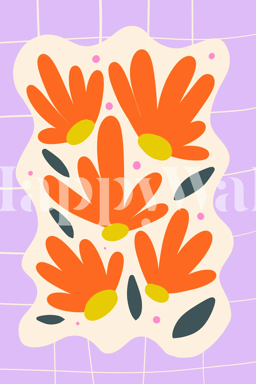 Carta da parati moderna astratta con fiori in viola, arancione e giallo su uno sfondo a griglia geometrica