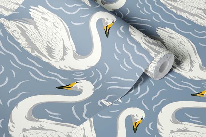 White Swan Lake on Dusty Bluewallpaper roll