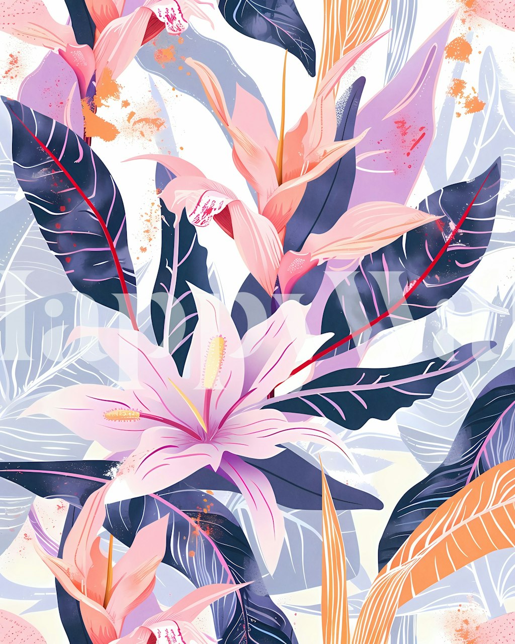 Tropical floral design with pink flowers and blue leaves wallpaper
