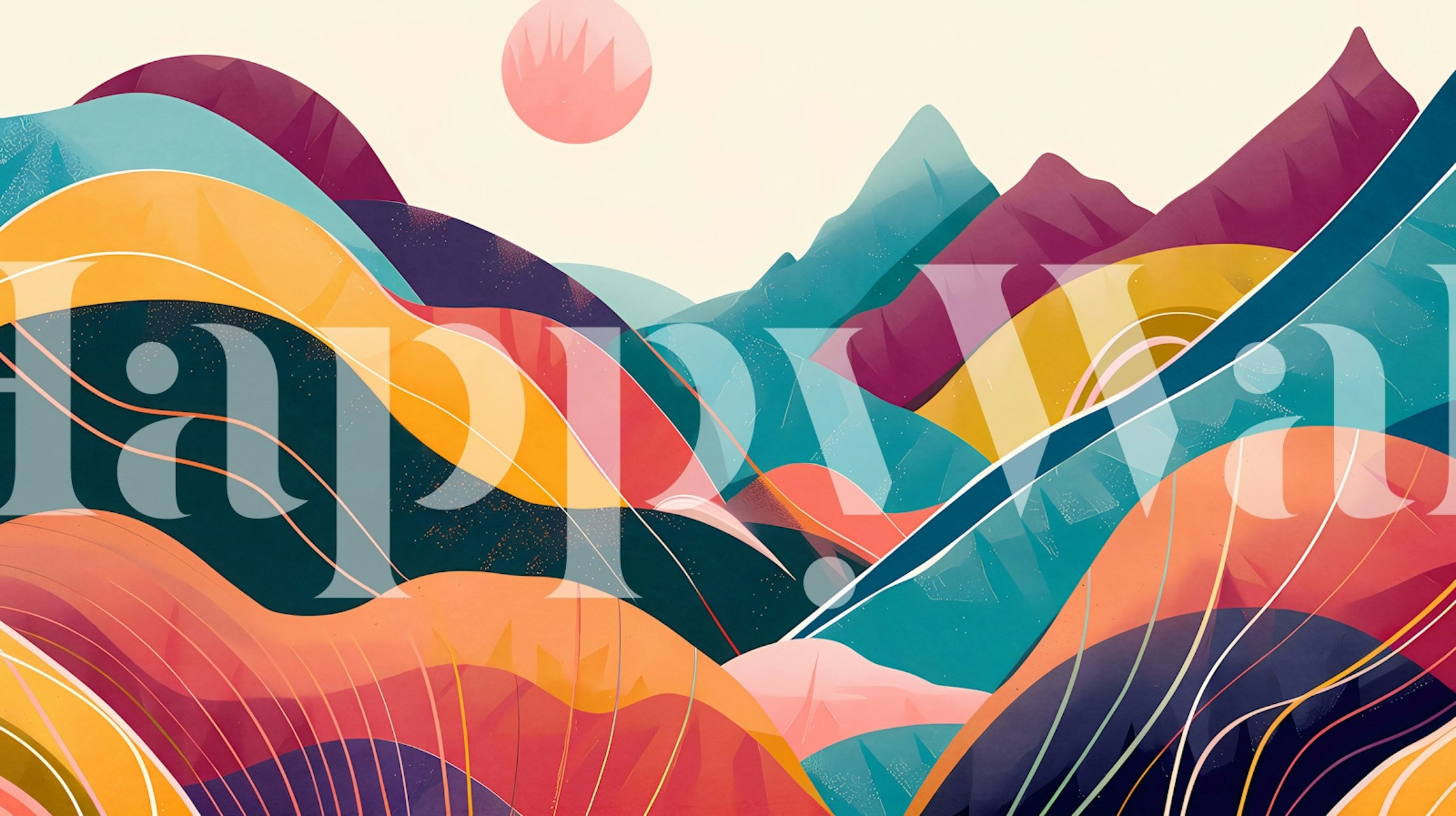 Colorful wavy mountains in shades of teal, pink, orange and purple wallpaper