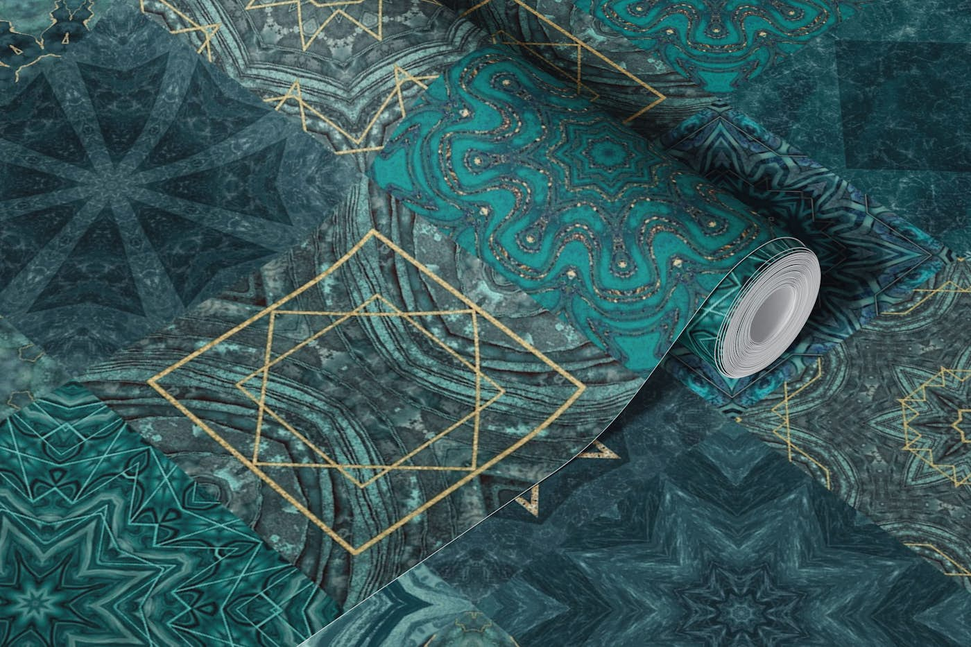 Oriental Mediterranean Tiles Turquoise Gold wallpaper roll