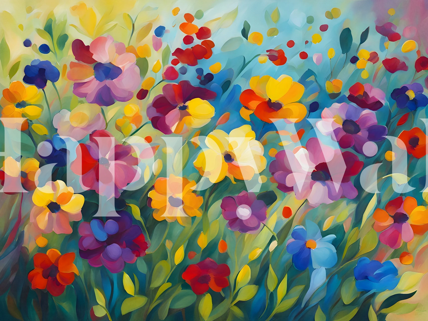 Et lyst veggmaleri som viser en fargerik hage med forskjellige blomster i full blomst.