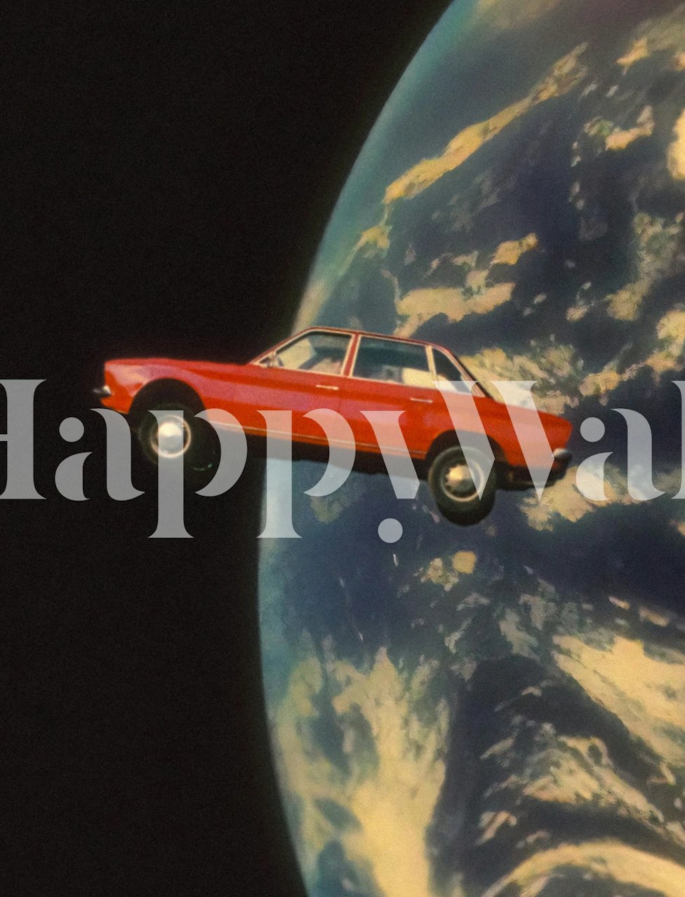 Red flying car against Earth in space wallpaper