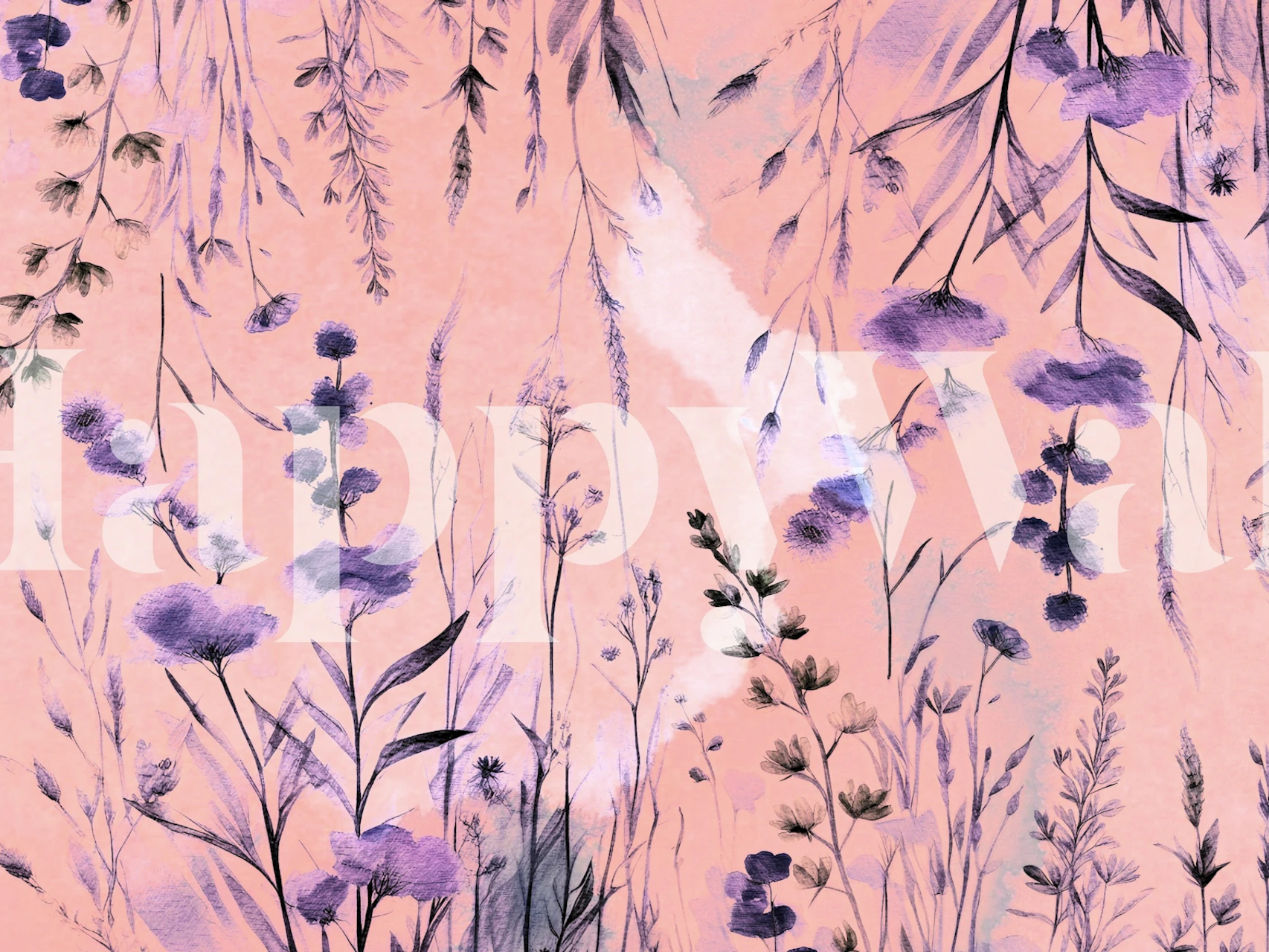 Wildflower Summer wall mural with purple flowers on pastel pink background