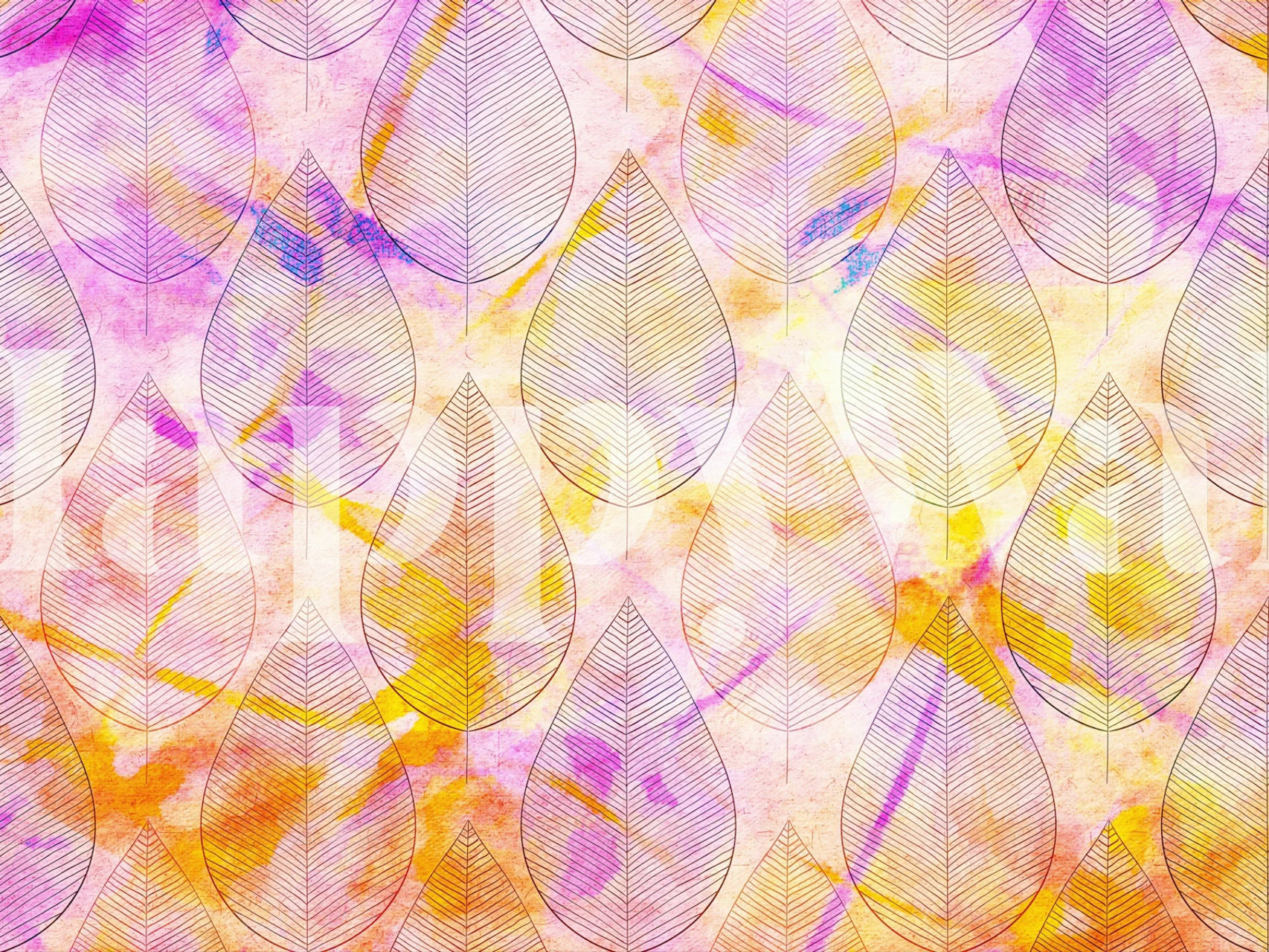 Fotomural abstracto de hojas de verano con tonos morados, amarillos y naranjas