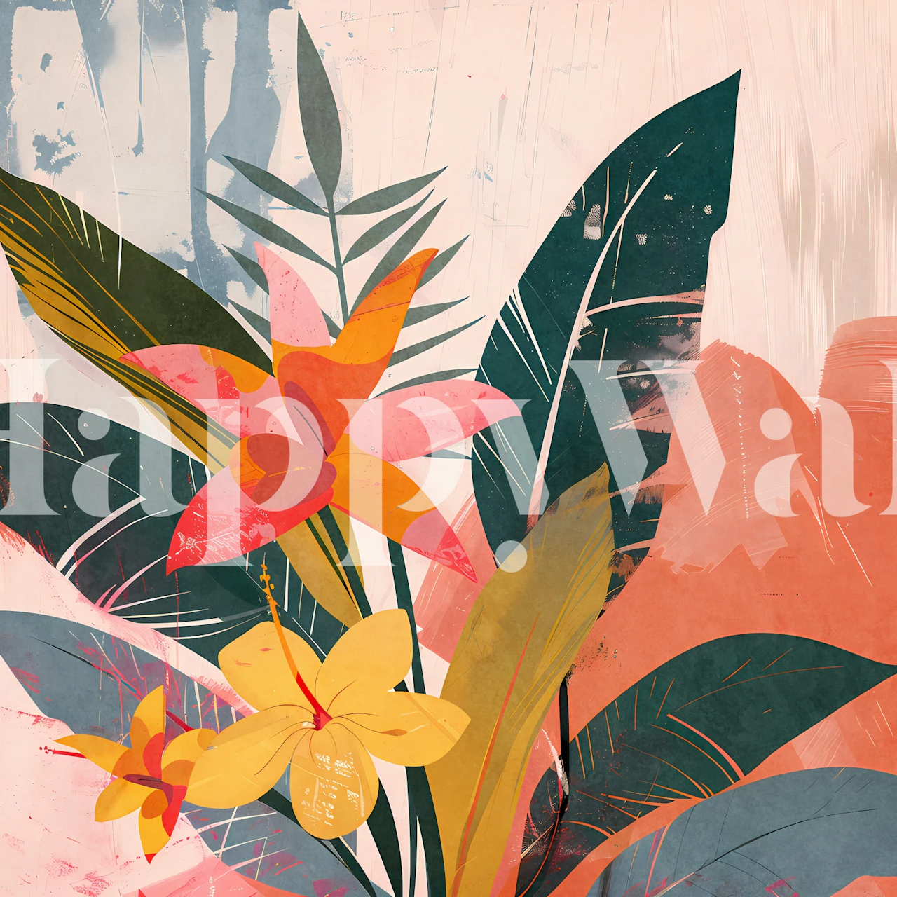 Artistic tropical garden wall mural with vibrant flowers and lush foliage