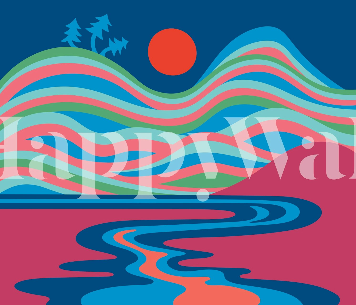 Wavy landscape with colorful hills and a red sun wallpaper