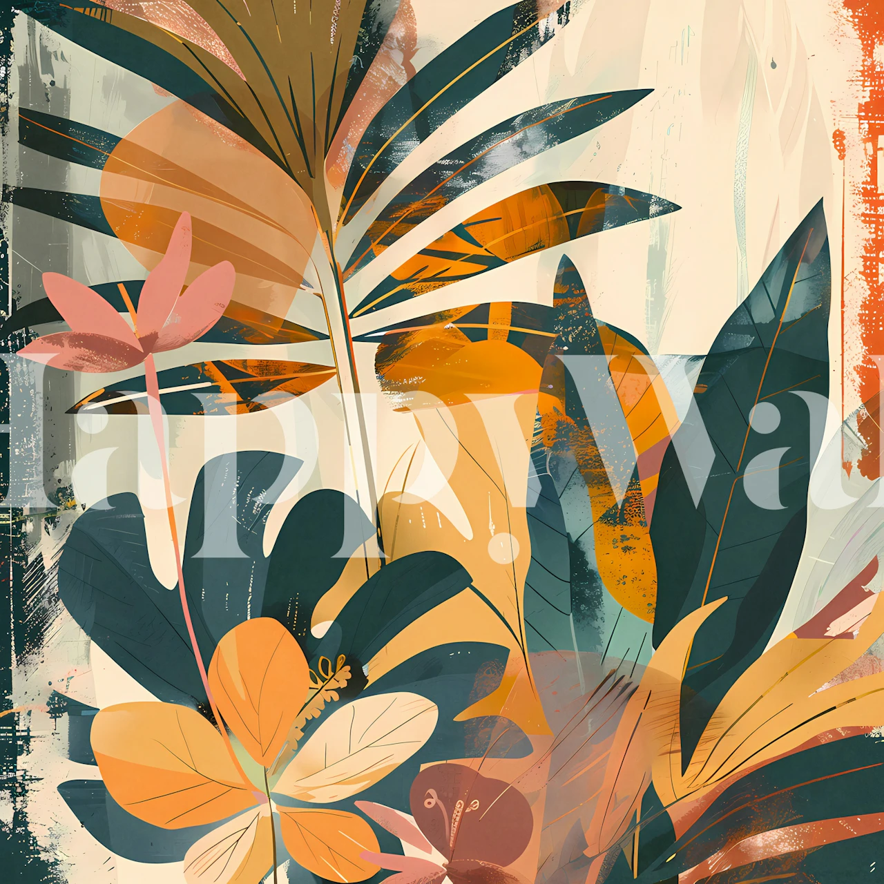 Värikäs abstrakti trooppinen puutarhaseinämaalaus eloisilla kasvitieteellisillä elementeillä