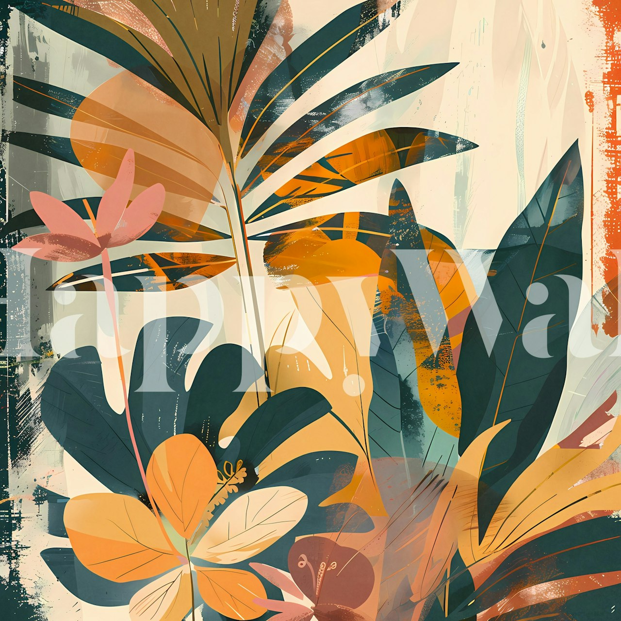 Barevná abstraktní nástěnná malba tropické zahrady s živými botanickými prvky