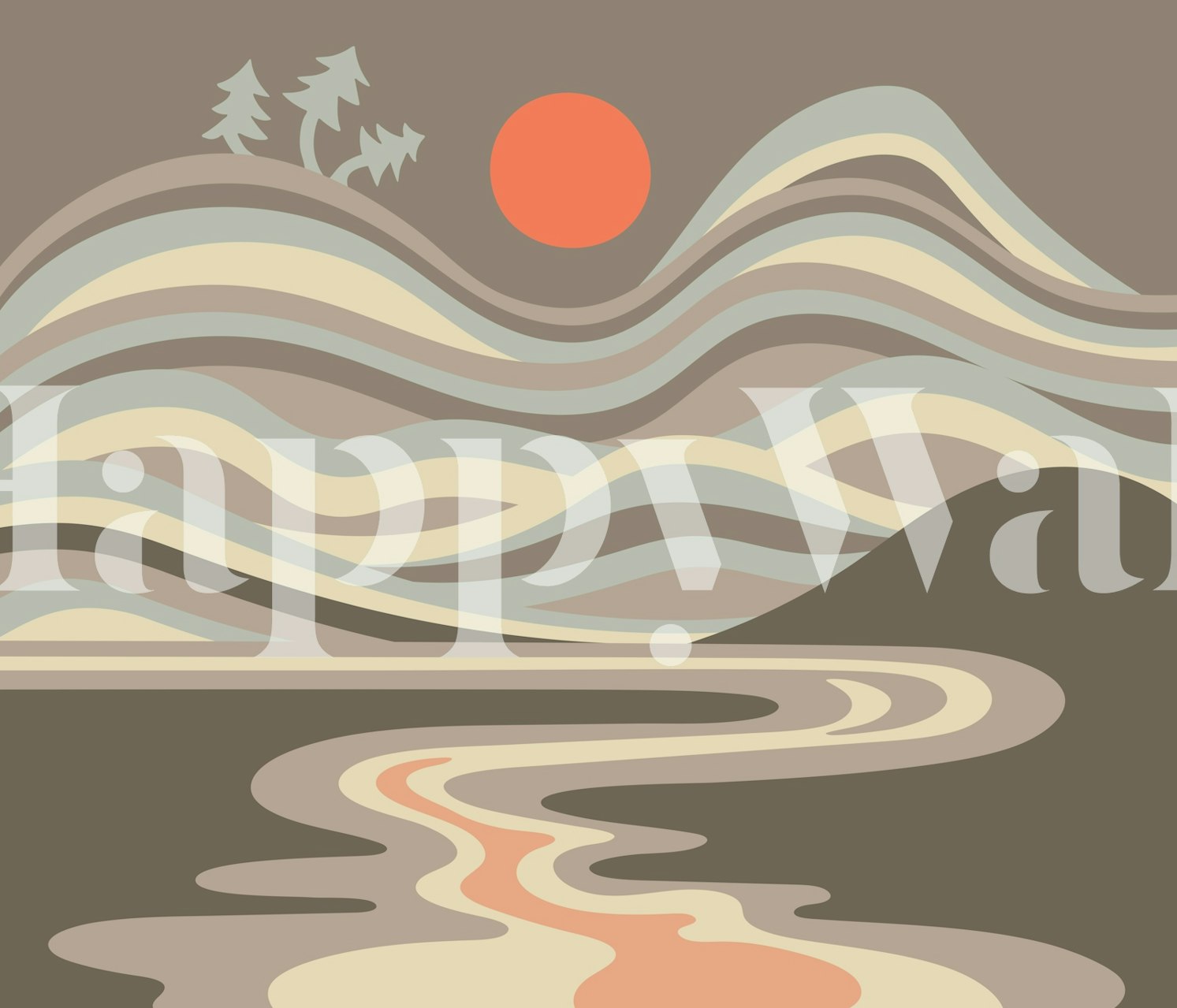 Mid-century retro landskabsvægmaleri med blodmåne og neutrale toner