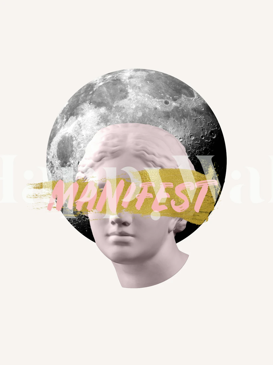 Classical Venus statue and moon mural with bold Manifest text against a minimalist background