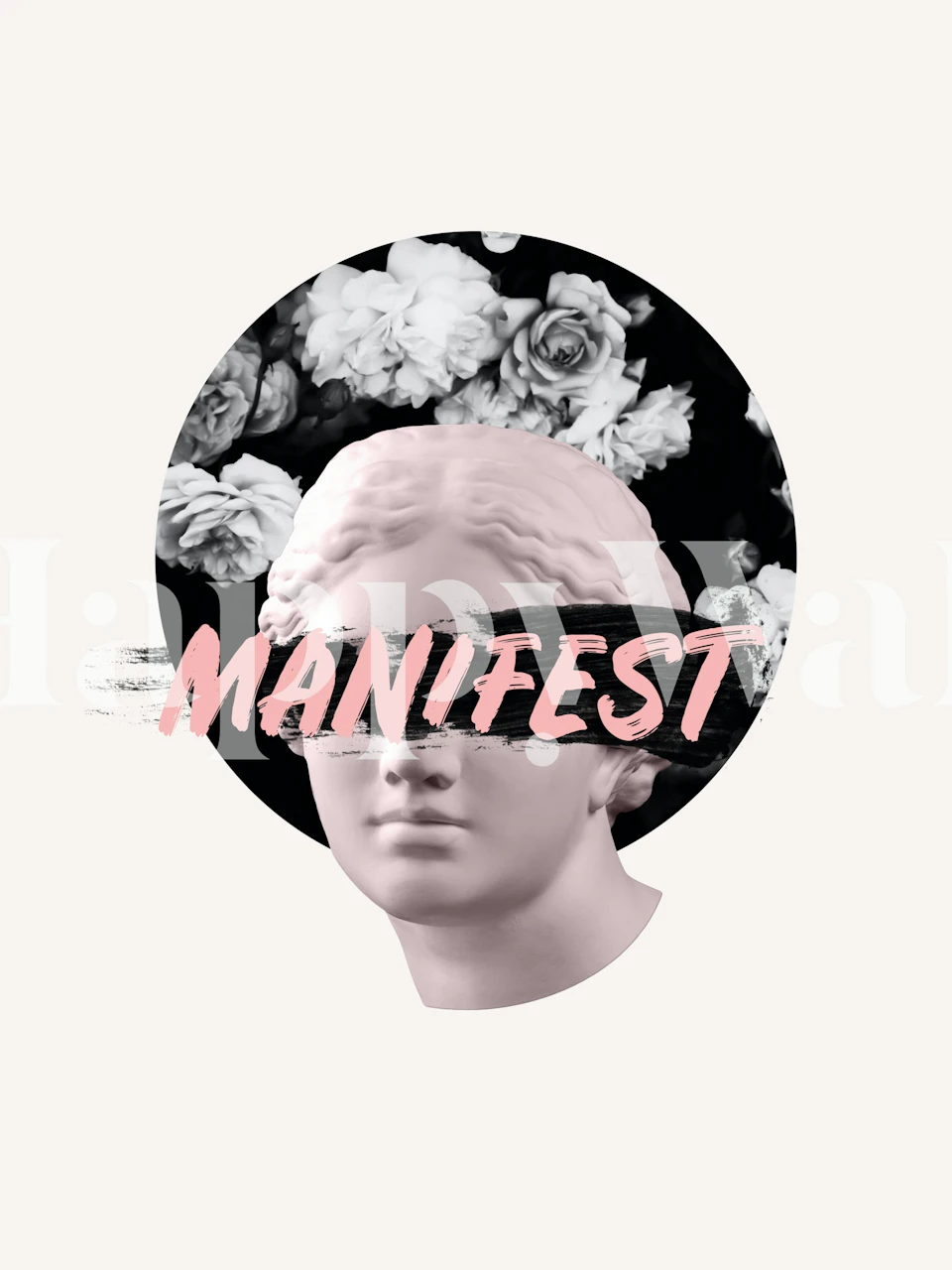 White roses on black background with classical statue wallpaper