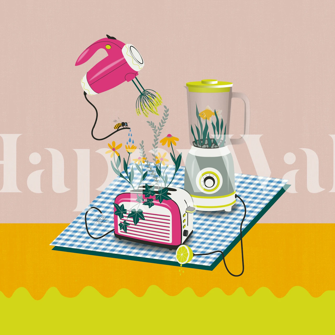 Pink mixer and blender with flowers on a checkered blue background wallpaper