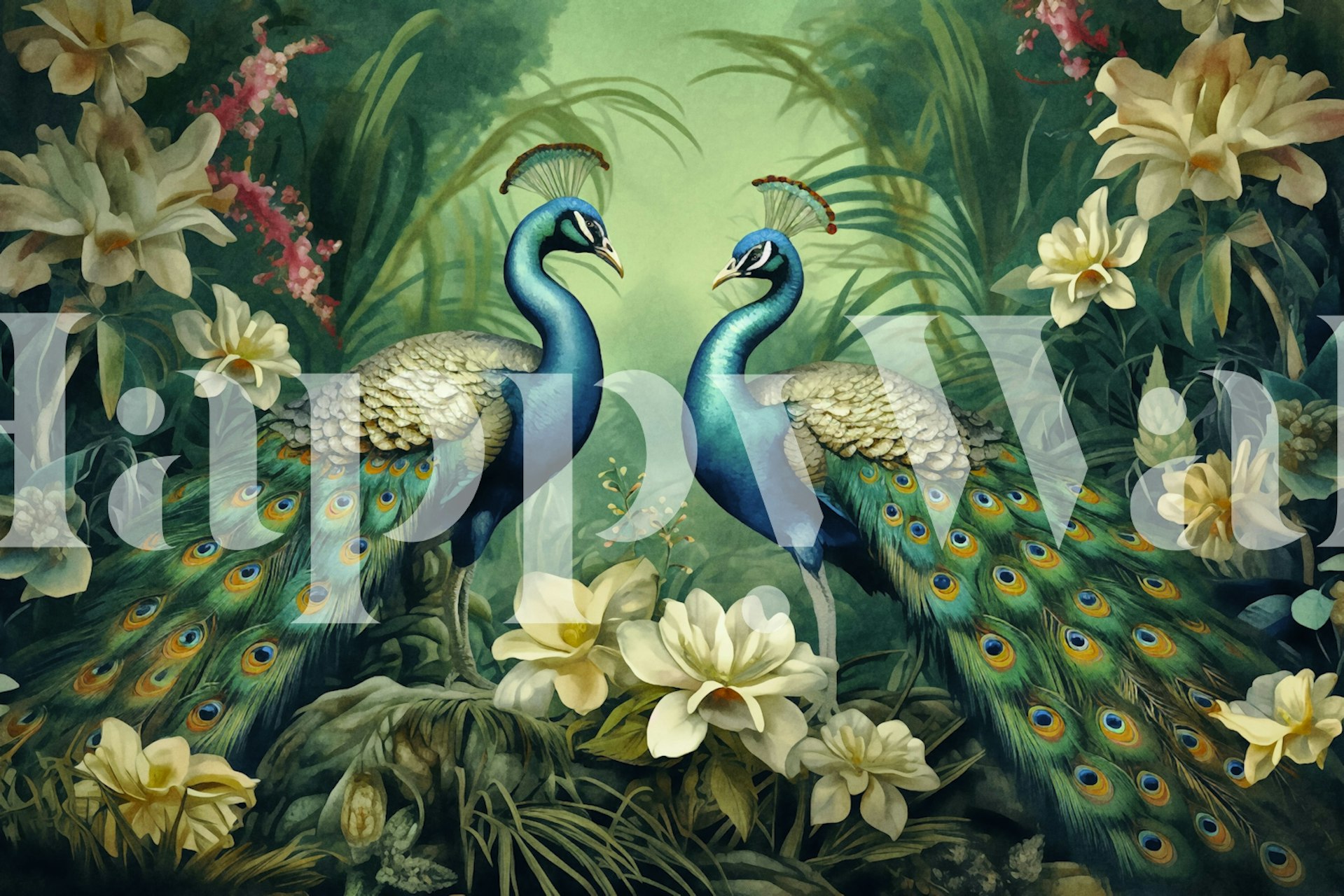 Peacocks Mystic Green Jungle Garden tapet i et rum