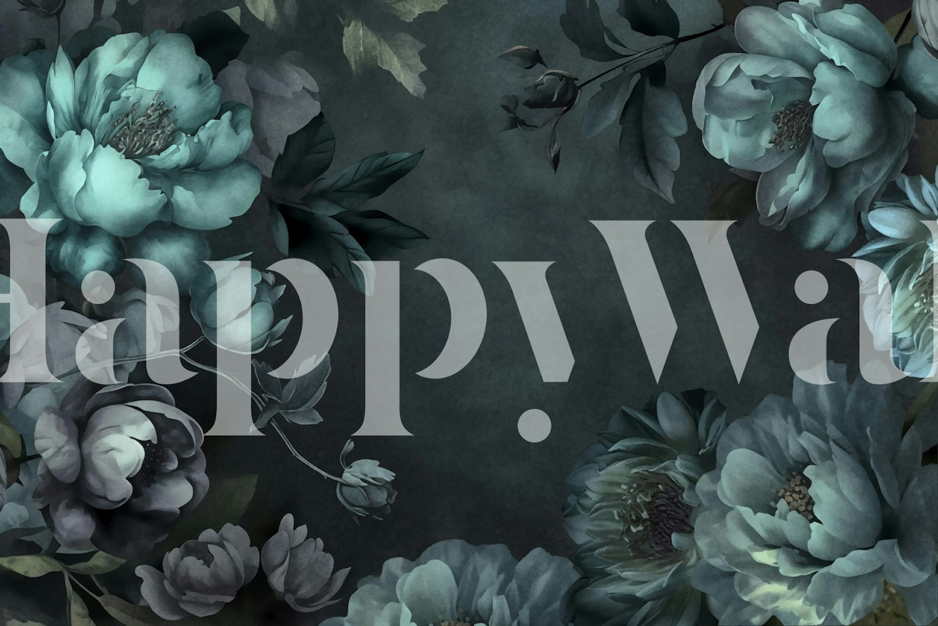 Aquarela floral barroca temperamental em tons de verde-azulado e azul em fundo escuro