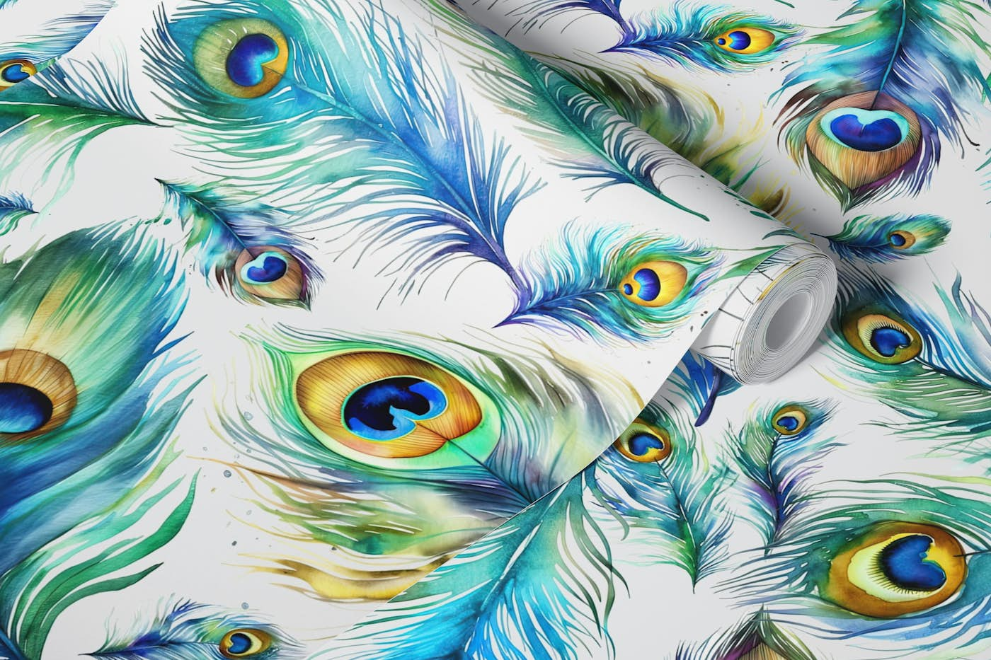 Watercolors Peacock Feathers 2 wallpaper roll