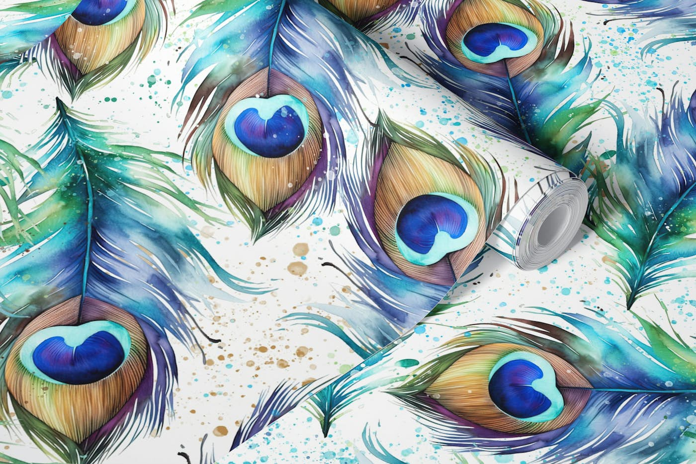 Watercolors Peacock Feathers 3 wallpaper roll