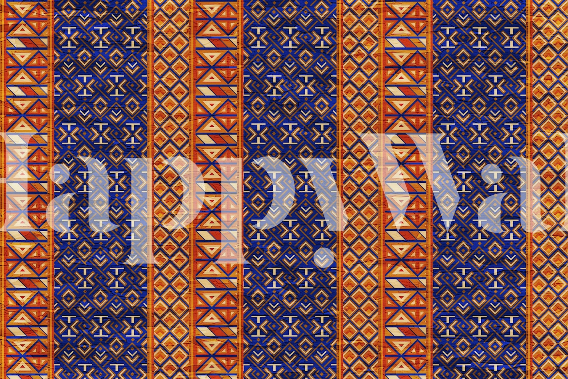 Japanese-inspired tribal fabric pattern wall mural in rich purples and vibrant oranges