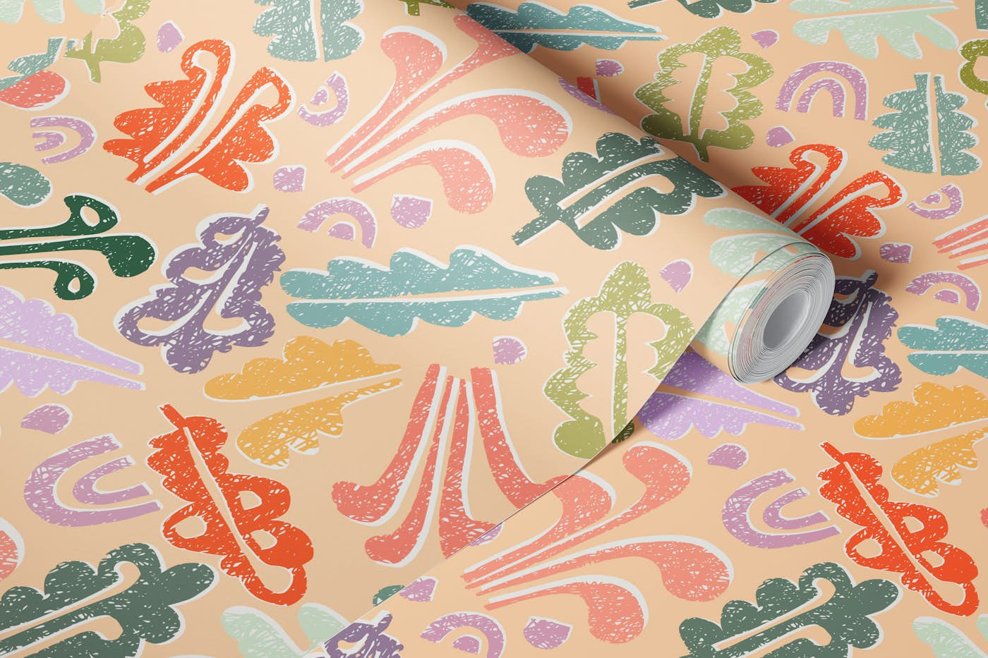 Block print leaves pattern peachy wallpaper roll