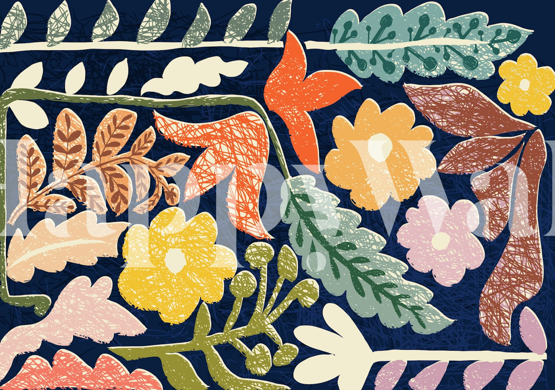 Mørkeblått blomstervegg med blokktrykkstil sommerengdesign med forskjellige blomster og blader