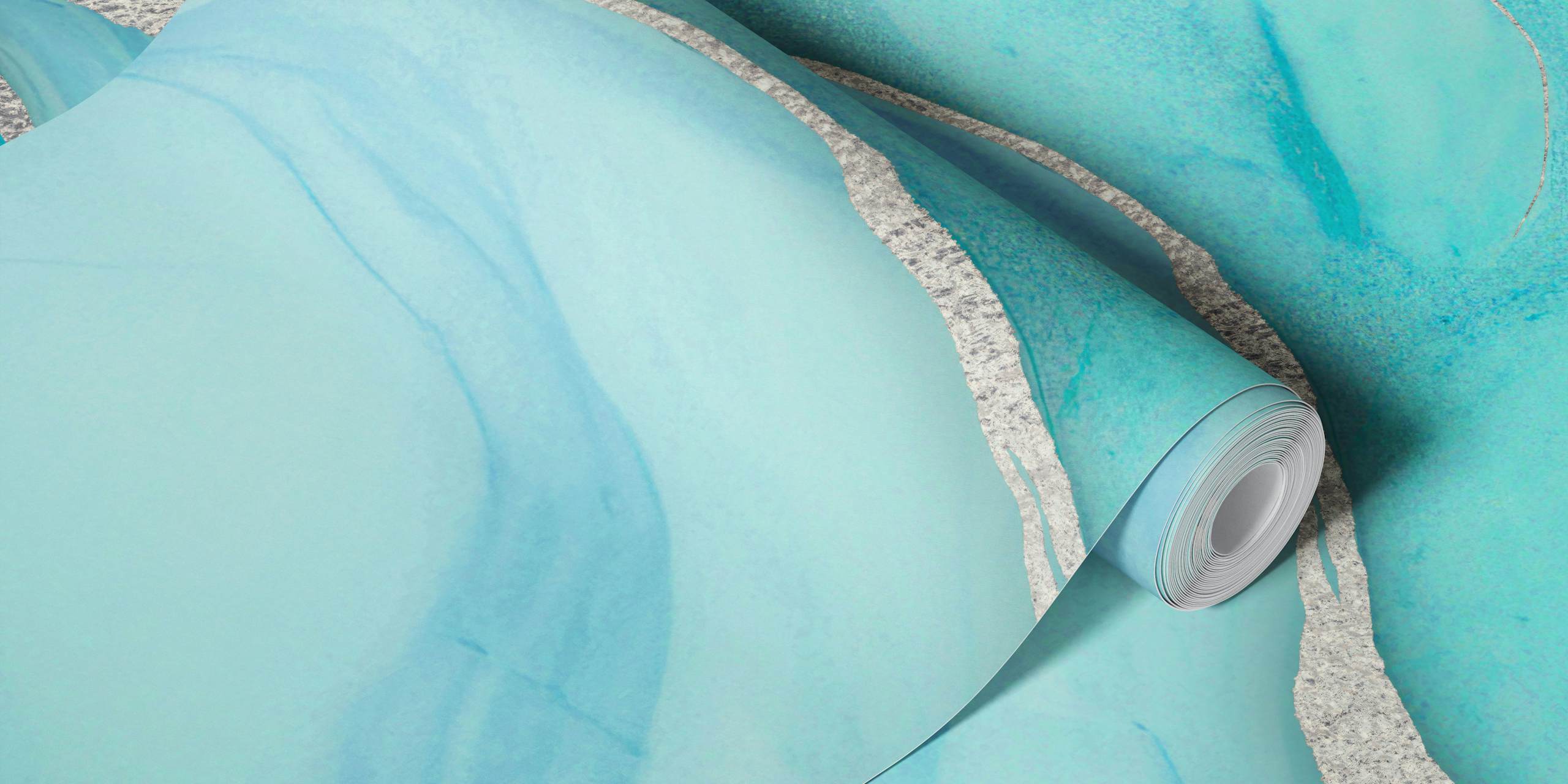 Aqua turquoise marble wallpaper in soft waves with gold accents