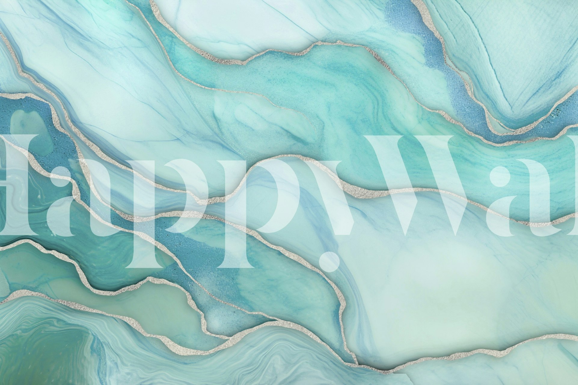 Aqua turquoise marble wallpaper in soft waves with gold accents