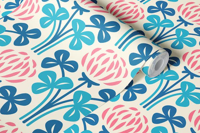 Pink blue clovers pattern / 3050 Bwallpaper roll