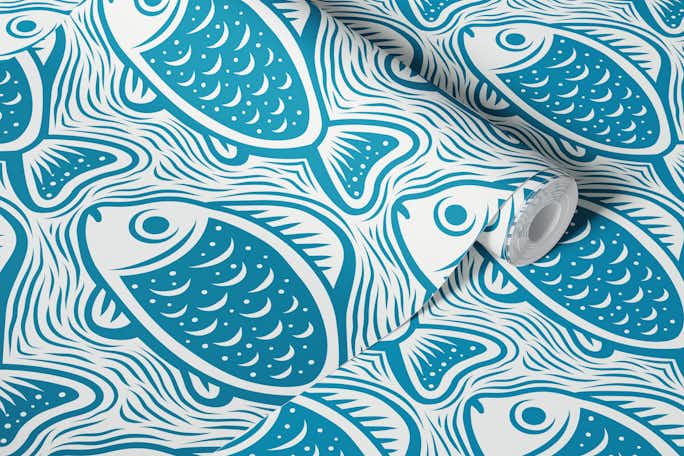 Block print fishes pattern, blue / 3052 Awallpaper roll