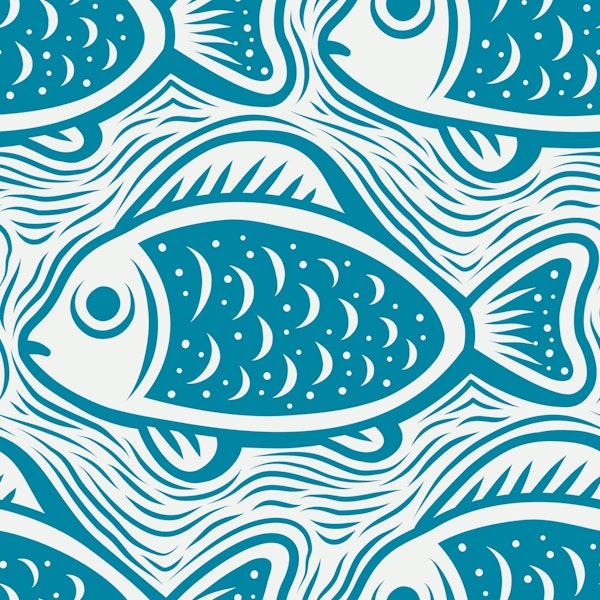 Block print fishes pattern, blue / 3052 A