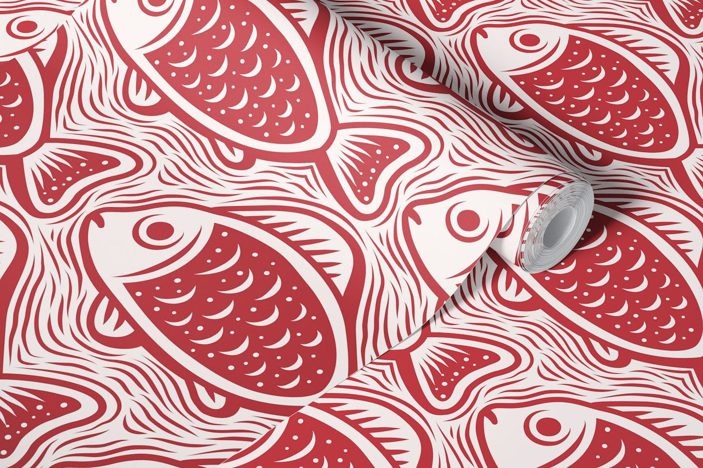 Block print fishes pattern, red / 3052 B wallpaper roll