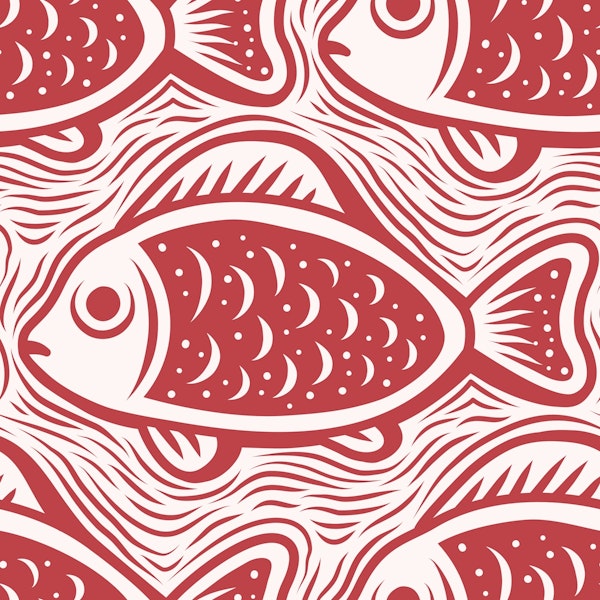 Block print fishes pattern, red / 3052 B