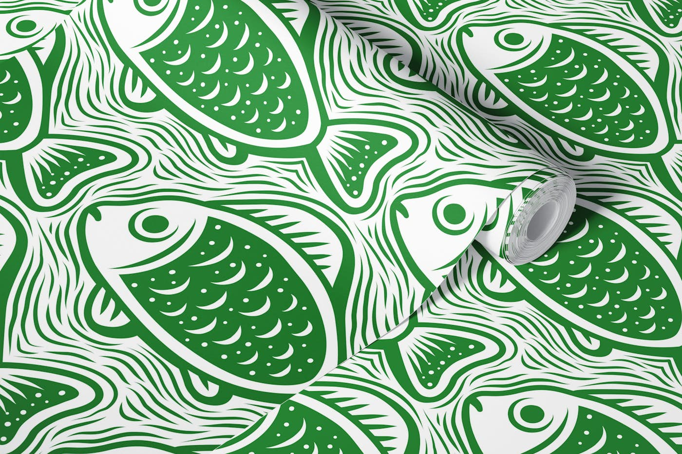 Block print fishes pattern, green / 3052 C wallpaper roll