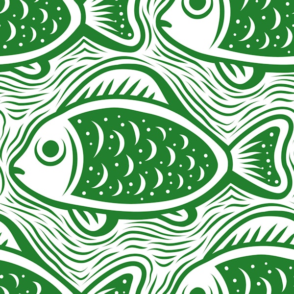 Block print fishes pattern, green / 3052 C